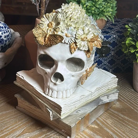 NEW! Vintage Inspired Skull Floral & Butterfly Halloween Ceramic Book Stack - Picture 3 of 12